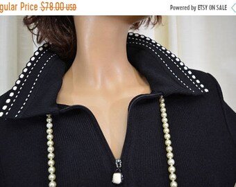 SPRING SALE St John Sweater Jacket, Black with White Stripes, Polka Dots, Santana Wool Knit, Vintage 90s, Size 10