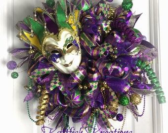 Mardi Gras Wreath, Fat Tuesday, New Orleans, Purple, Gold & Green Wreath, Carnival Wreath, Mardi Gras Jester Wreath, Mardi Gras Door Hanger