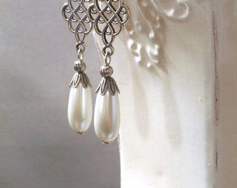 Bridal Pearl Jewelry - Celtic Earrings - Medieval Jewelry - Assemblage Earrings - Reign Jewelry - Renaissance Jewelry - Tudor Jewelry