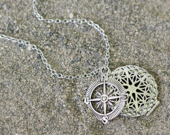 Essential Oil Diffuser Necklace, Compass Necklace, Stainless Steel Oil Locket, Aromatherapy Jewelry, Essential Oil Necklace, Diffuser Locket