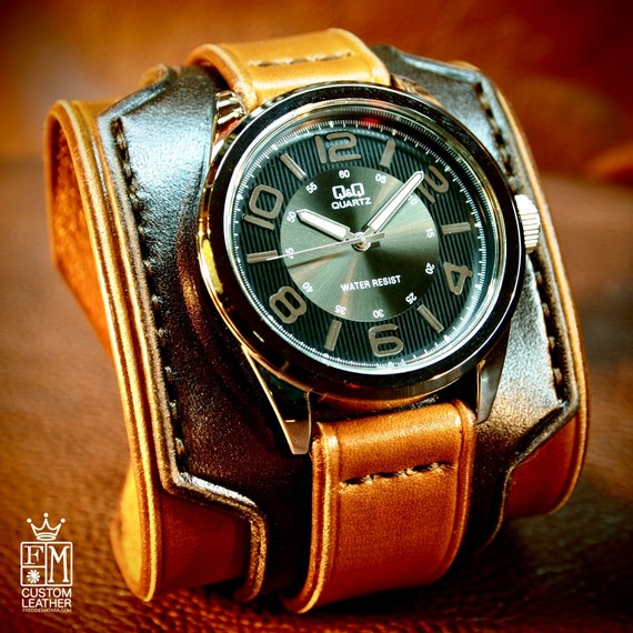Leather cuff watch Vintage 2 tone Brown style watch cuff Wide layered Refined quality Wristwatch Handmade for YOU in USA by Freddie Matara!