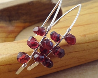 Red Garnet Earrings - Half Hoop Earrings - Boho Garnet Earrings - Sterling Silver Earrings - Garnet Jewelry