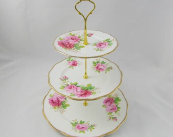 Three Tier Cake Stand Made from Royal Albert American Beauty Plates, Vintage Bone China, Roses