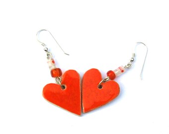 Orange speckled ceramic heart earrings