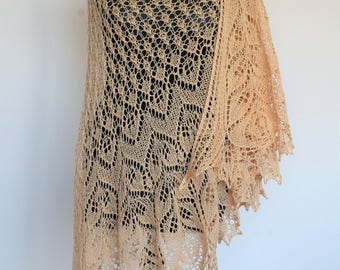 Crescent shaped shawl. Knitted lace shawl. Beaded Shawl. Sandy peach shawl.