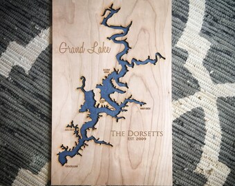 Grand Lake O' the Cherokees, Oklahoma Customized 3-D Lake Sign - Handmade with Bays, Compass and Lake Name Engraved - NorthIdahoMade