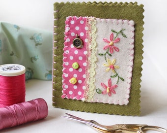 Sewing Needle Case, Green Felt Needle Book with Hand Embroidered Flowers & Applique Design, Dress Making Gift