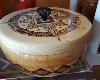 bowl with lid, 10" with wood burned pattern
