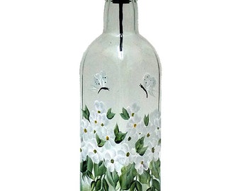 Hand Painted Glass Bottle Olive Oil Dispenser White Flowers Butterflies Hand Painted Glassware Painted Oil Vinegar Soap Dispensers Bottles