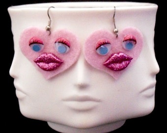 Pink Sweet Heart Funky Felt Flower Earrings