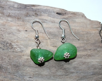 Green Beach Glass Earrings - Sea Glass Earring - Pierced Sea Earrings - FREE Shipping inside the United States