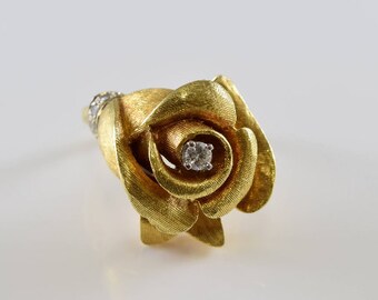 18K Yellow Gold Diamond Three-Dimensional Rose Ring Size 4