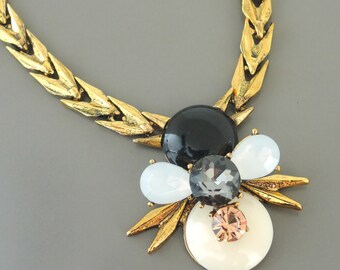 Vintage Inspired Necklace - White Opal Necklace - Black Necklace - Boho Necklace - Gold Necklace - OOAK Necklace - handmade jewelry