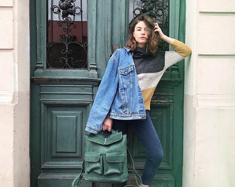 HandMade GREEN LEATHER BACKPACK / Handcrafted cowhide leather Rucksack with two front pockets / Green Leather Bag