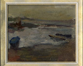 Twilight on the lake, cardboard, the texture of river sand, oil, painting for office or home, LiaKova.