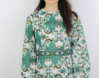 1960s Green Abstract Print Puff Sleeve Tunic Size UK 8, US 4, EU 36
