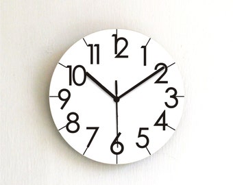 Black White Simple Minimalist Wall Clock,round black numbers modern printed graphic design decorative wood clock,housewarming hostess gift