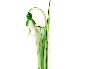 Tender Snowdrop Flower Figurine. Blown glass ornament, flower composition, miniature glass snowdrop statuette