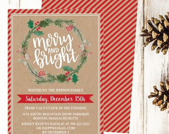 Christmas Party Invitation Template, Rustic Kraft Wreath Winter Printable Invite, Editable Text Instant Download DIY Holiday Invite PDF