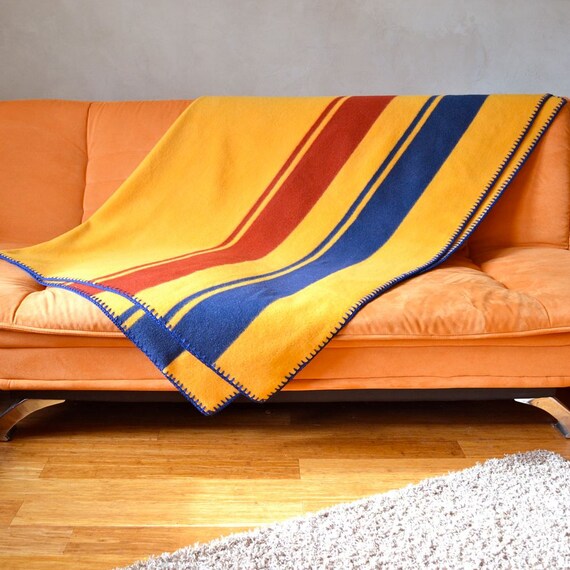 Thick Wool Blanket Classic Stripes Blue & Rust on Marigold