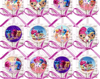 Shimmer and Shine Nickelodeon Nick Jr Lollipops, One Dozen 12 pcs with Hot Pink Ribbon Bows, 4 inch lollipop w stick , 1.5 inch diameter
