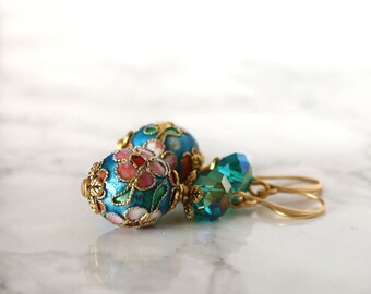 Blue green crystal and floral cloisonne earrings, drop dangle enamel earrings, spring bridesmaid earrings