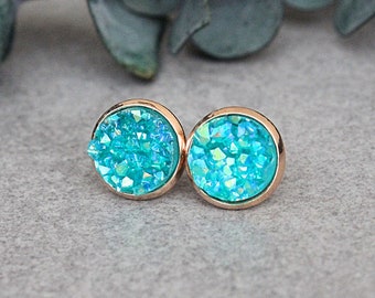 Teal Stud Earrings, Turquoise Druzy Earrings, Turquoise Stud Earrings, Turquoise Earrings, Teal Earrings, Rose Gold Earrings, Teal Posts