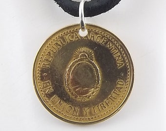 Argentina Coin Necklace, 10 Centavos, Coin Pendant, Leather Cord, Mens Necklace, Womens Necklace, 1992