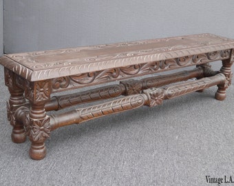 Vintage Spanish Revival Solid Wood Ornately Carved Long Bench