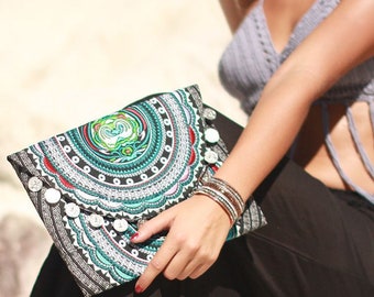 Ethnic Embroidered Clutch Bag with Silver Coins- Ready To Ship