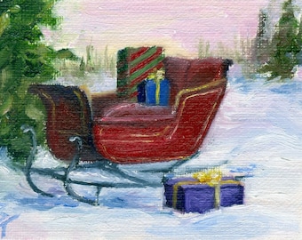 Red Christmas Sleigh aceo Original 2.5x3.5 Inch Oil Painting