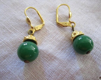 Vintage Gold Tone Glass Jade-Colored Beaded Pierced Earrings