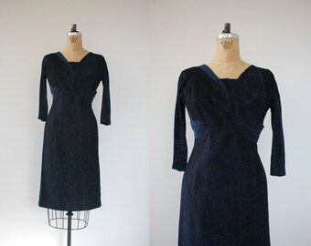 vintage 1950s dress / 50s wiggle dress / 50s blue lurex dress / 50s bombshell dress / 50s blue black dress / 50s party dress / medium med m
