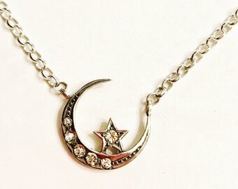 Antique Silver Diamond Paste Crescent Moon Star Necklace