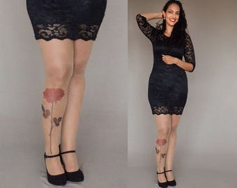 Tattoo Tights with Rose, Semi-Sheer Tights, S-XXL Sizes Available, Printed Tights, Pantyhose, One Pair