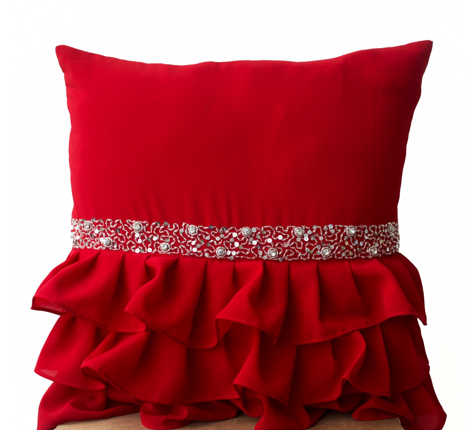 Elegant Red Ruffled Sequin Throw Pillow Decorative Pillow
