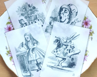 Edible Alice in Wonderland Set 1 Illustrations x4 Black & White Wafer Paper Images Cake Decorations Wedding Topper Mad Hatter Tea Party RTD