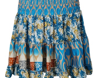 Gypsy Floral Boho Skirt Blue Flared Flowy High Waist Vintage Recycled Silk Sari Tiered Skirts