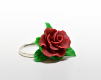 Red rose adjustable ring, polymer clay jewelry, Flower ring, Red rose Jewelry, Handmade flowers, Red ring, Ghift for her, unique jewelry
