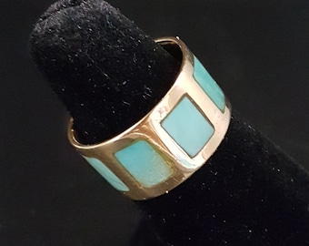14K Gold Band Ring with Kingman Turquoise Inlay Ring