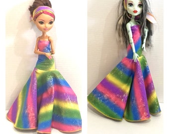Rainbow Bright Dress and Headband made to fit Articulated Monster High Dolls / Ever After High Dolls - Handmade Doll Clothes