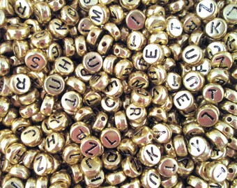 100 Gold and Black 7mm Alphabet Beads, Acrylic Metallic Letter Beads J6