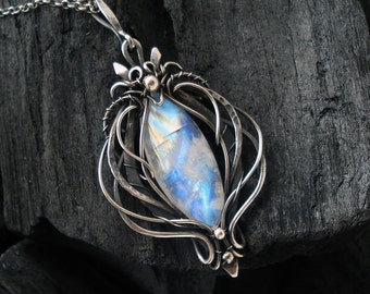 silver pendant, wire wrapped pendant, moonstone pendant "MOON SHINE" with moonstone
