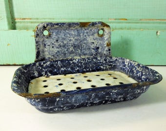 Vintage Blue and White Sponge Enamel Soap Dish, Wall Mount Graniteware Soap Dish with Drain Insert