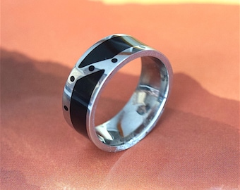 Stainless Steel Ring, Hawaiian Stainless Steel Ring With Black Enamel, R1127