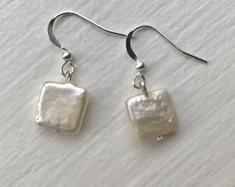 Square pearl earrings, square freshwater pearl earrings, pearl earrings, dangle pearl earrings, drop earrings, simple pearl earrings