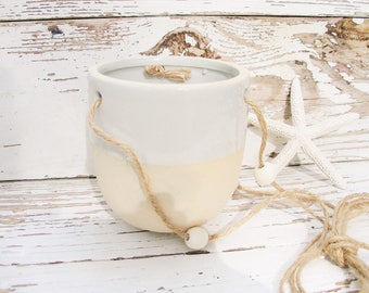 Gray ceramic hanging plant pot planter hanger twine beads