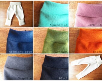 Organic Merino Wool Longies - Hand-Dyed Wool Interlock Baby Pants - Choose from 7 Colors - Small Medium Large - Wool Diaper Cover Pants