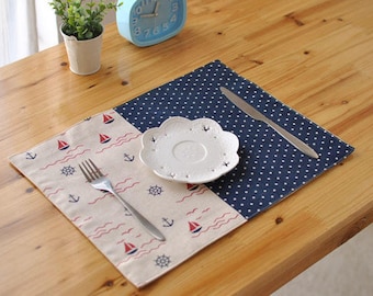 Set of 2 Anchor Sailboat Mixed Print Blue Cotton Linen Placemats for Dining Table Heat Insulation Moving Holiday Gifts