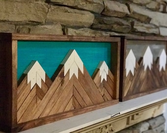 Mountain wall art. 3D wall art. Triple mountain wood sculpture. Colorado mountain. Wall art. Reclaimed wood.Can do custom color backgrounds.